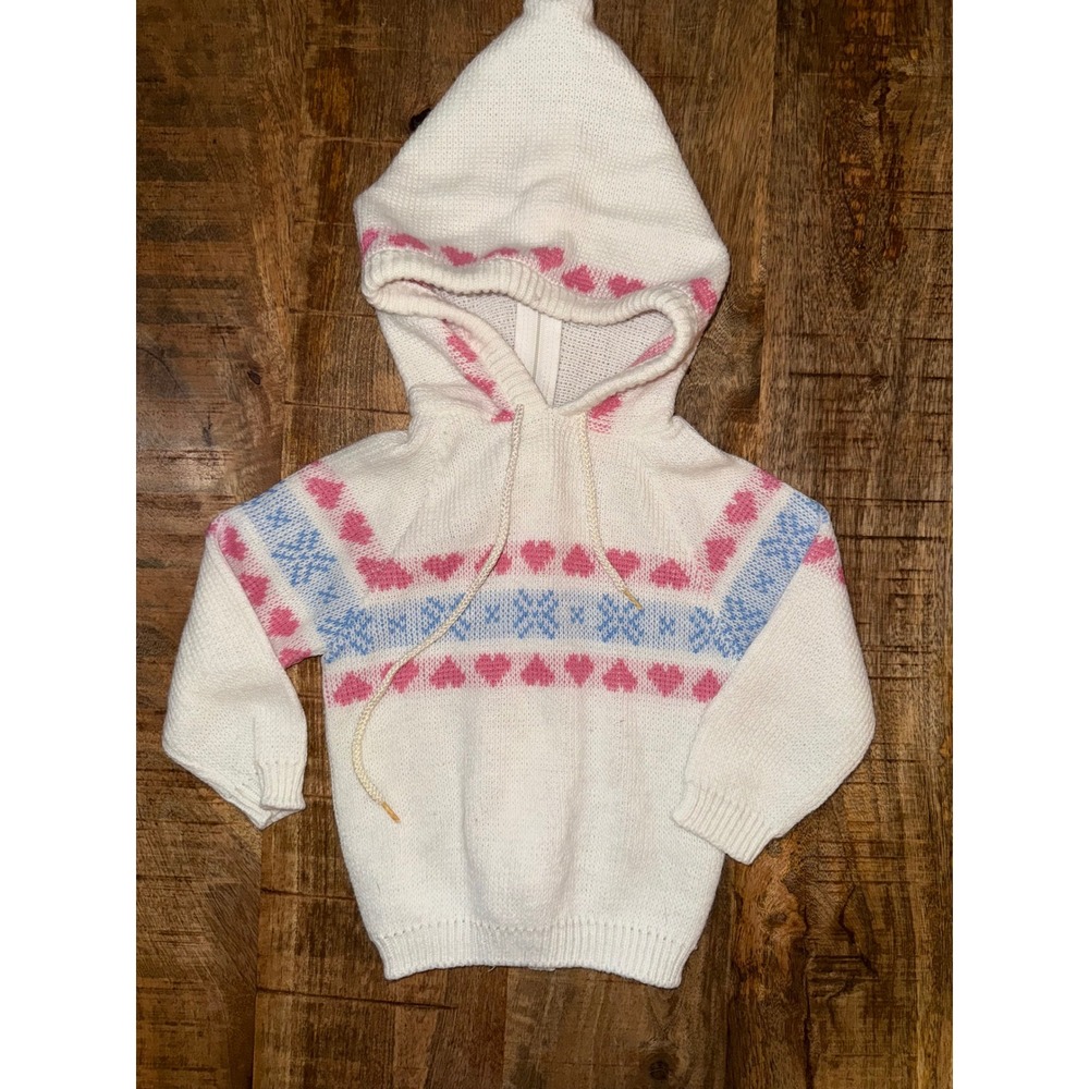 Vintage Dr Dentons White Fair Isle Heart Snowflake Knit Hooded Sweater 18M USA